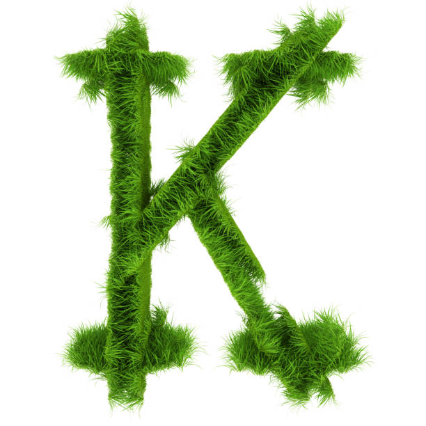 buchstabe k aus grünem gras isoliert auf weiß. 3d-rendering - letter k alphabet three dimensional shape green stock-fotos und bilder