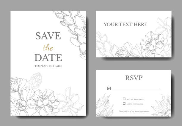 벡터 정글 식물 즙이 많은 꽃입니다. 잉크 아트 일러스트가 새겨져 있습니다. 웨딩 배경 카드 장식 테두리입니다. - wedding invitation stock illustrations