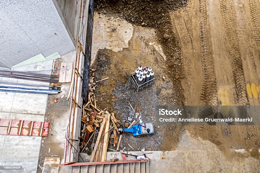 large construction site with gas surfaces and surface vibrator view from above street photography Germany Architecture Stock Photo