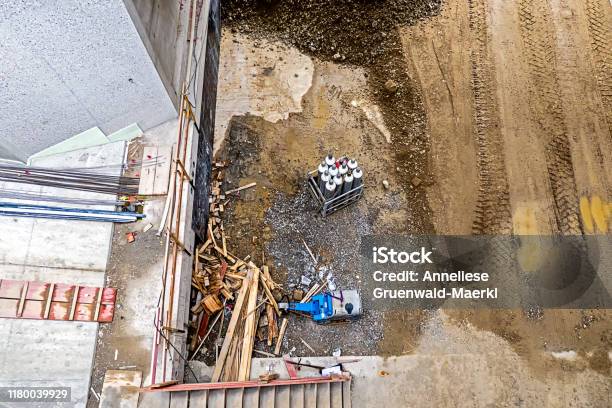 Large Construction Site With Gas Surfaces And Surface Vibrator View From Above Stock Photo - Download Image Now