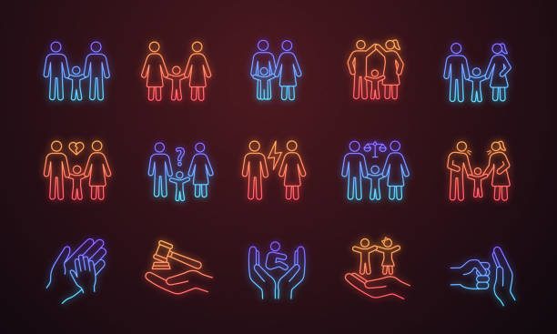 Child custody neon light icons set Child custody neon light icons set. LGBT families. Adoption and orphanage. Family court. Children’s rights. Glowing signs. Vector isolated illustrations childrens rights stock illustrations