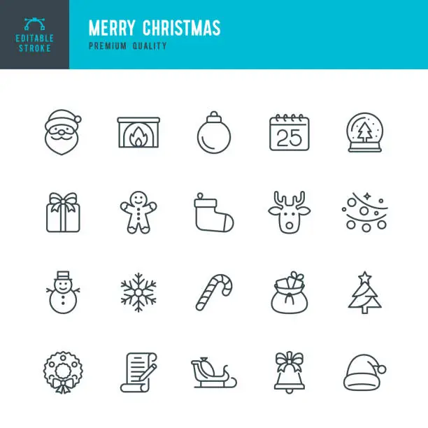 Vector illustration of Christmas - thin line vector icon set. Editable stroke. Pixel Perfect. Set contains such icons as Santa Claus, Christmas, Gift, Reindeer, Christmas Tree, Snowflake.