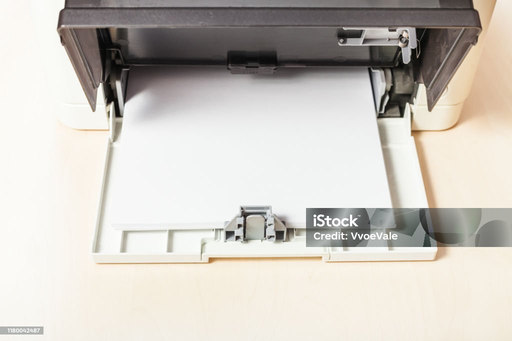 sheets of blank white paper in printer tray sheets of blank white paper in printer tray of multi function device on table in office Blank Stock Photo