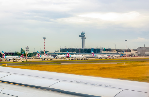 Istanbul Turkey - August 09, 2019: Airplanes waiting at the airport waiting for their flight. Istanbul airport. Airplanes belonging to Turkish Airlines. Baggage handling vehicles. Istanbul