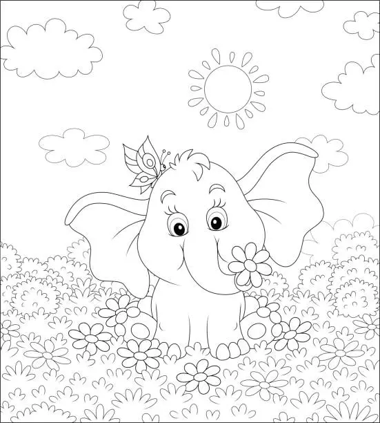 Vector illustration of Little elephant with flowers
