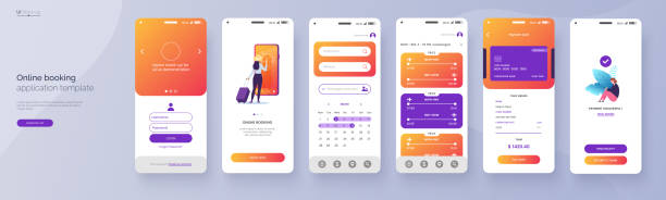 illustrazioni stock, clip art, cartoni animati e icone di tendenza di modello di applicazione mobile del servizio di prenotazione online. elementi di progettazione ui, ux, gui. wireframe dell'applicazione di viaggio. kit dell'interfaccia utente isolato su sfondo grigio. eps vettoriale 10. - graphic interface