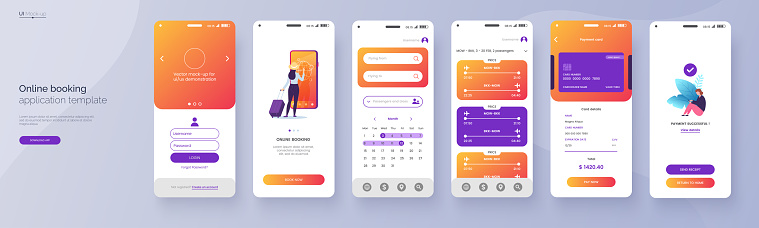 Online booking service mobile application template. UI, UX, GUI design elements. Travel application wireframe. User Interface kit isolated on grey background. Vector eps 10.