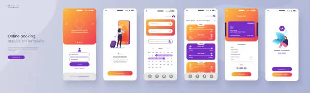 Vector illustration of Online booking service mobile application template. UI, UX, GUI design elements. Travel application wireframe. User Interface kit isolated on grey background. Vector eps 10.
