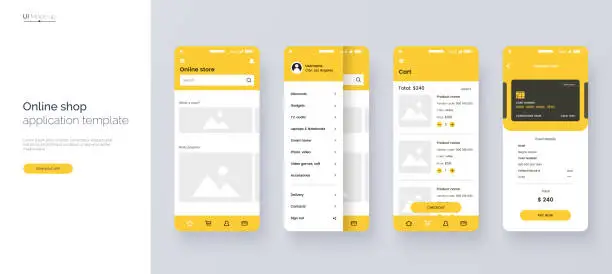 Vector illustration of Online store mobile app template. UI, UX, GUI design elements. Shopping application wireframe. User Interface kit isolated on grey background. Online shop website concept. Vector eps 10.