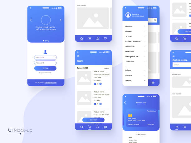 ilustrações de stock, clip art, desenhos animados e ícones de user interface design template in blue colors. conceptual mobile phone screen mock-up for application interface presentation. ui, ux, gui kit isolated on grey background. vector eps 10. - kits de interface de utilizador