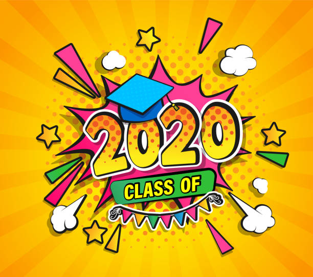 Class of 2020, graduation banner. Class of 2020, graduation banner with comic Boom speech buble in retro pop art style on sunburst halftone background. Vector illustration for greetings, flyers, invitation, posters, brochure. classroom borders stock illustrations