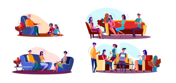 ilustrações de stock, clip art, desenhos animados e ícones de friendly meeting illustration set - coffee at home