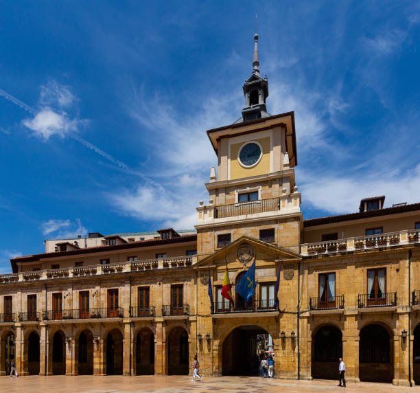 Oviedo Town Hall OVIEDO, SPAIN - JULY 15, 2019: View of Oviedo Town Hall on central Plaza de la Constitucion on sunny summer day constitucion photos stock pictures, royalty-free photos & images