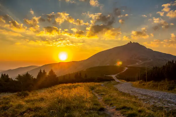 Sunrise over Snezka peak, the highest mountain of the Giant Mountains, Czech Republic