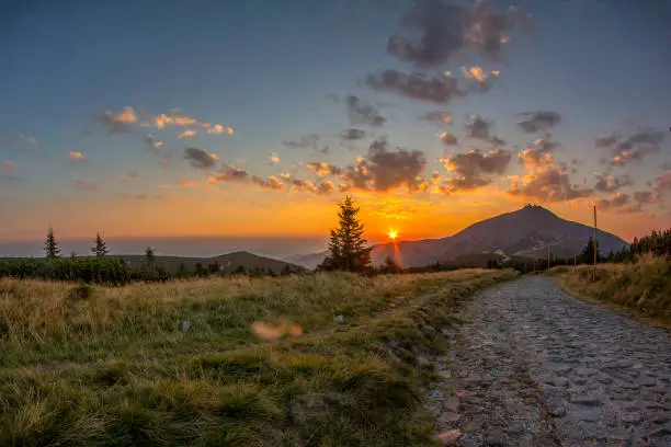 Sunrise over Snezka peak, the highest mountain of the Giant Mountains, Czech Republic