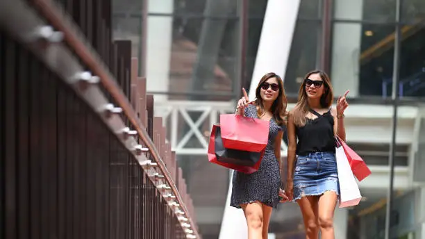 Friendships female walking with shopping bag, Shopping concept.