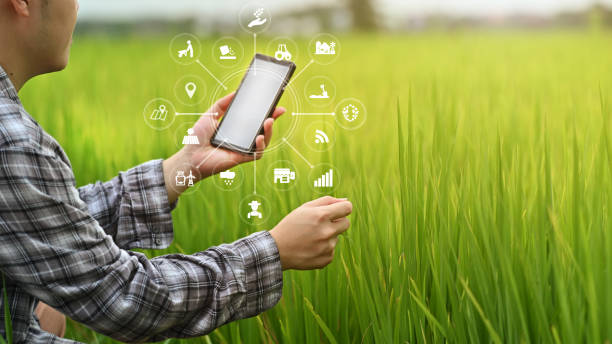 スマートフォンの分析データと視覚的なアイコンを使用して農業技術農家の男性。 - vintage telephone ストックフォトと画像