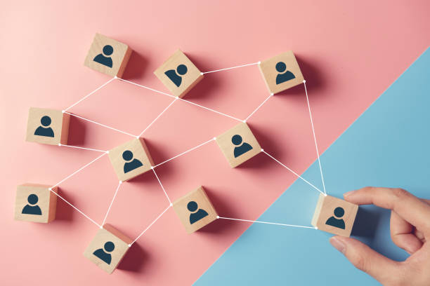 building a strong team, wooden blocks with people icon on pink and blue background, human resources and management concept. - graphite imagens e fotografias de stock