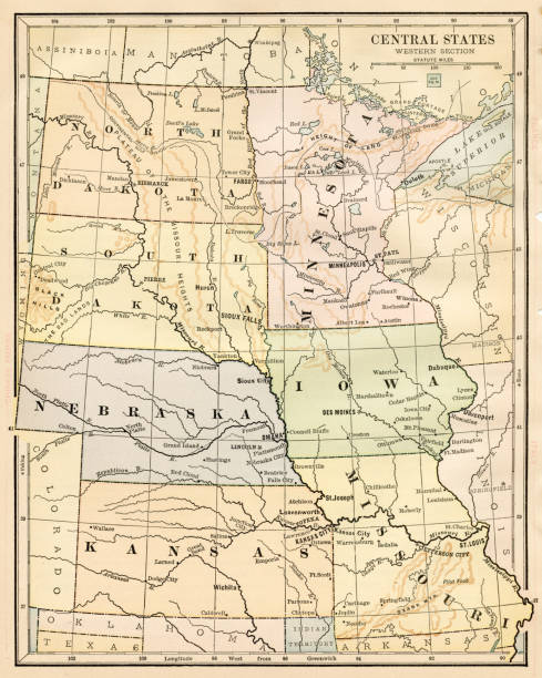 illustrazioni stock, clip art, cartoni animati e icone di tendenza di mappa degli stati centrali 1888 - montana map old cartography