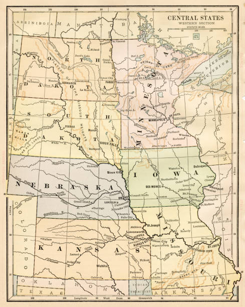 ilustrações de stock, clip art, desenhos animados e ícones de map of central states 1888 - montana map usa old