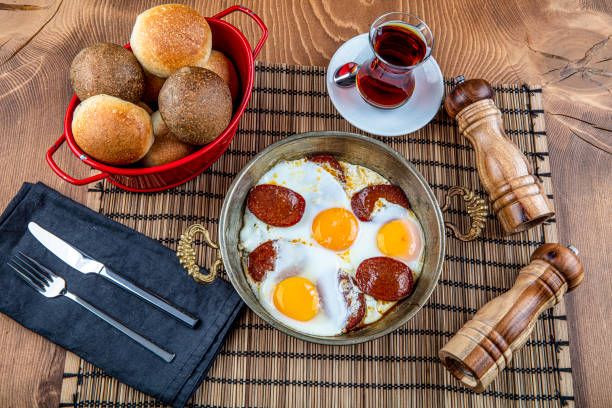 istock Sausage Fried Egg, sucuklu yumurta from top view ,  turkish sauage with egg omelette. 1180063053