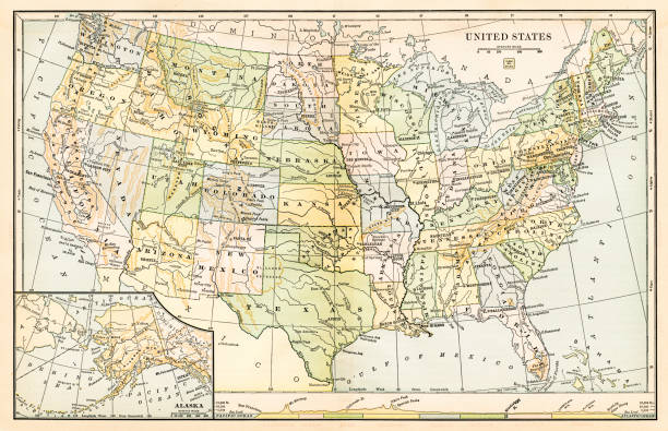 illustrazioni stock, clip art, cartoni animati e icone di tendenza di mappa nord america 1888 - montana map old cartography