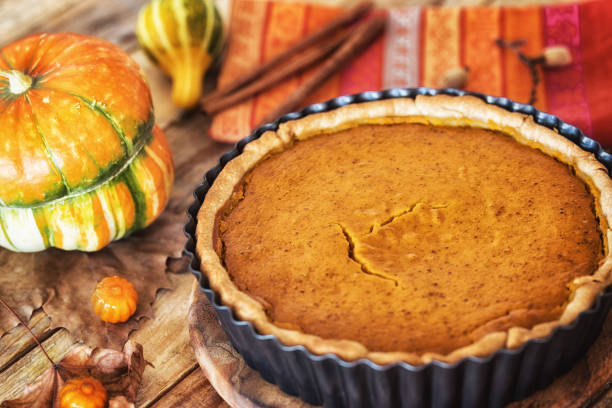 istock Thanksgiving dining, pumpkin pie at table, close-up 1180066164