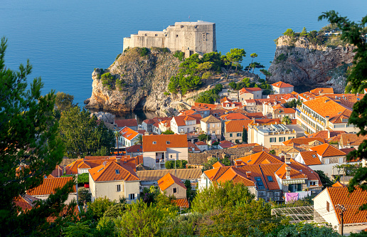 Aerial view of St. Lawrence Fort in the medieval historical part of the city on a sunny morning. Dubrovnik. Croatia.