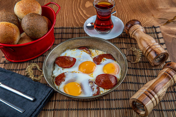 istock Sausage Fried Egg, sucuklu yumurta from top view ,  turkish sauage with egg omelette. 1180068664