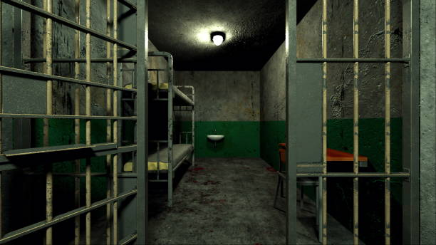 컴퓨터는 바 3d 렌더링 배경을 통해 냉혹한 감옥 내부를 생성 - old prison punishment dirty 뉴스 사진 이미지