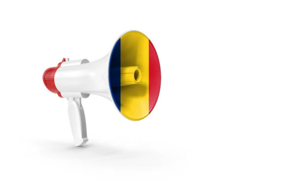 istock Megaphone or Loudspeaker with Romanian Flag on White 1180072509