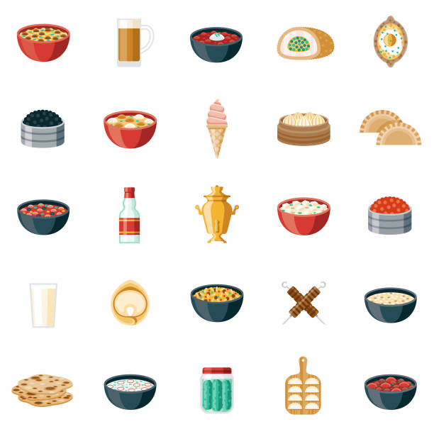 russische lebensmittel-ikone set - kartoffelknödel essen stock-grafiken, -clipart, -cartoons und -symbole