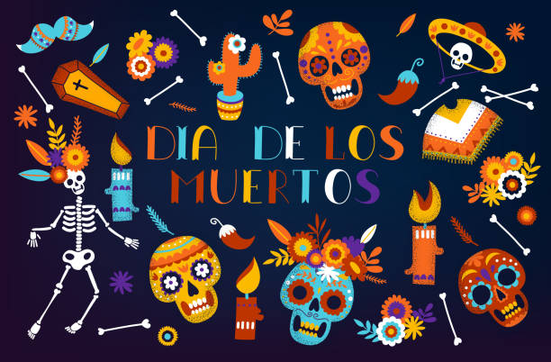 Day of the Dead greeting card. Holiday vector illustration with bones and skeletones vector art illustration