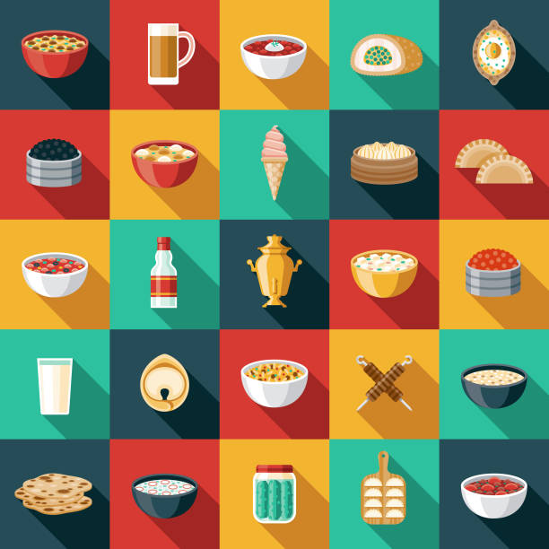 russische lebensmittel-ikone set - kartoffelknödel essen stock-grafiken, -clipart, -cartoons und -symbole