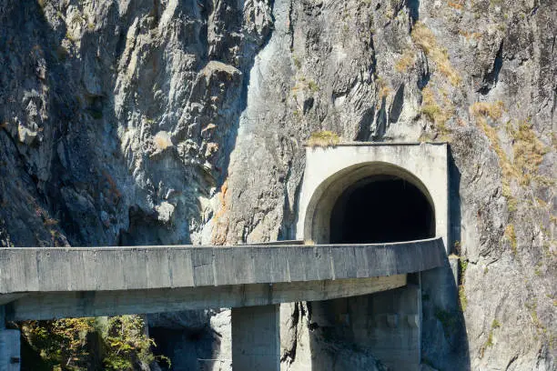 Tunnel near hydropower construction, waterworks Dam Vidrau on Transfagarash highway in Romania. Dam and reservoir on Lake Vidraru.