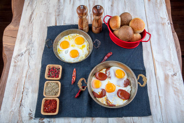 istock Breakfast; fried eggs, sausage (sucuklu) eggs, fried sausage (sucuk) . Restaurant breakfast Concept. 1180076812