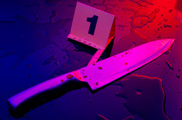 Forensic science, murder weapon and criminal investigation concept theme with kitchen knife covered in blood next to numbered marker in a dark bloody crime scene lit by cop car lights Forensic science, murder weapon and criminal investigation concept theme with kitchen knife covered in blood next to numbered marker in a dark bloody crime scene lit by cop car lights murderer photos stock pictures, royalty-free photos & images