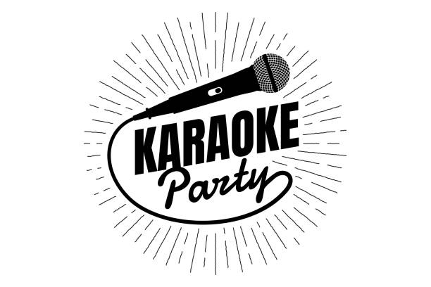 Karaoke party night live show open mike sign. Classic performer microphone with line rays. Vector mic music nightlife event illustration for music concert poster Karaoke party night live show open mike sign. Classic performer vocal microphone with line rays. Vector mic music nightlife event illustration for music concert poster microphone silhouettes stock illustrations
