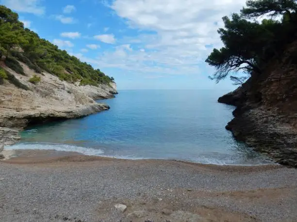 Pugnochiuso, Puglia, Italy - October 5, 2019: View of the Baia della Pergola beach
