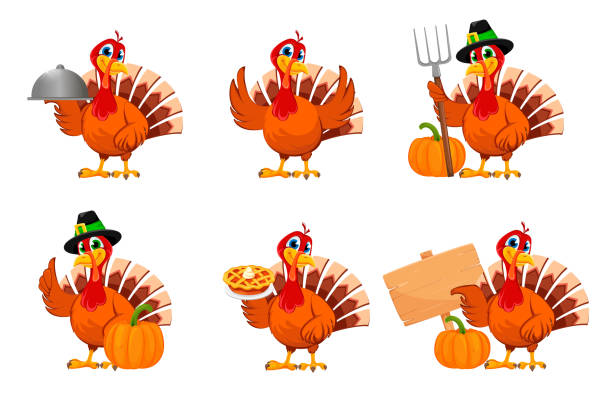 thanksgiving truthahn, satz von sechs posen - turkey thanksgiving cartoon animated cartoon stock-grafiken, -clipart, -cartoons und -symbole