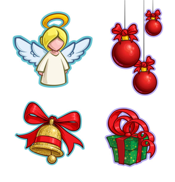 Christmas Cartoon Icon Set - Angel Hanging Balls Bell Gift Vector Cartoon Icon set of an Angel, tree Hanging Christmas Balls Bell and a Gift. Illustrations Lines, Color, Shadows and Lights neatly in well-defined layers & groups bow hair bow ribbon gold stock illustrations