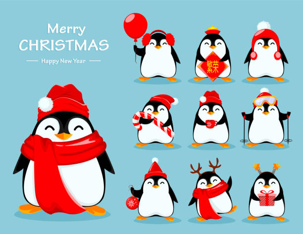 Cute little penguin, set of ten poses Cute little penguin, set of ten poses. Funny Christmas penguin cartoon character. Lettering translates as prosperity. Vector illustration. penguin stock illustrations