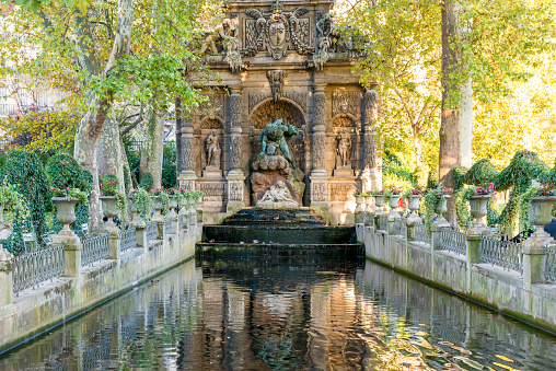Romantic baroque style fountain Medici in luxembourg garden. Paris, France
