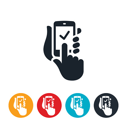 An icon of a hands holding a smartphone. One hand clicks on the screen adding a checkmark to indicate an online order from a smartphone.