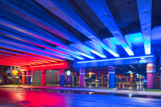 istock Neon bridge Miami Design District shot long exposure with motion blur 1180089770
