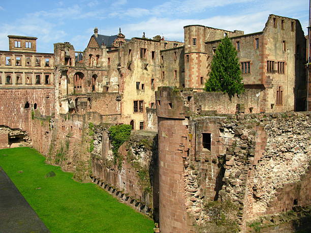 Ancient ruins of Heidelberg Castle from a low angle, showcasing the stone structure overgrown with green vegetation against a clear sky.