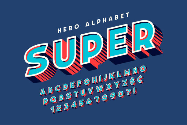 Trendy 3d comical font design, colorful alphabet, typeface. Trendy 3d comical font design, colorful alphabet, typeface. Color swatches control. 13 degree skew. superhero stock illustrations