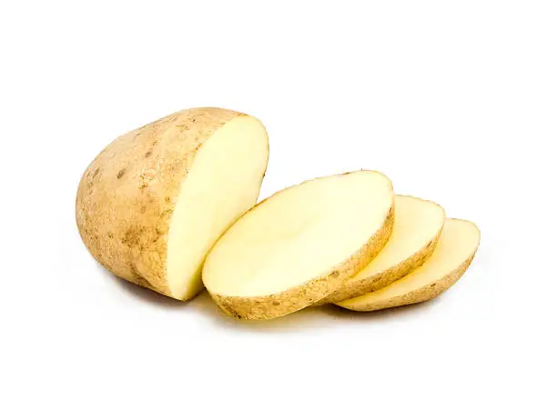 Photo of A partially sliced potato on white