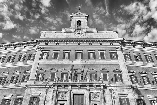 Facade of Palazzo Montecitorio, iconic building in central Rome, Italy, November 18, 2018. It is the seat of the Italian Chamber of Deputies