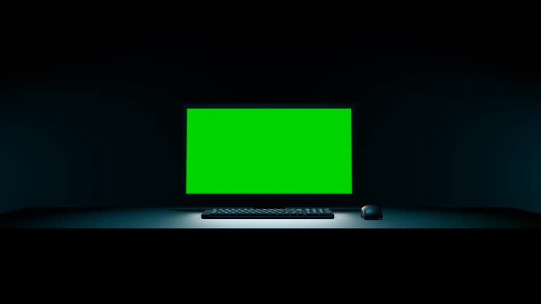 Zoom in on a pc with green screen. 3d animation